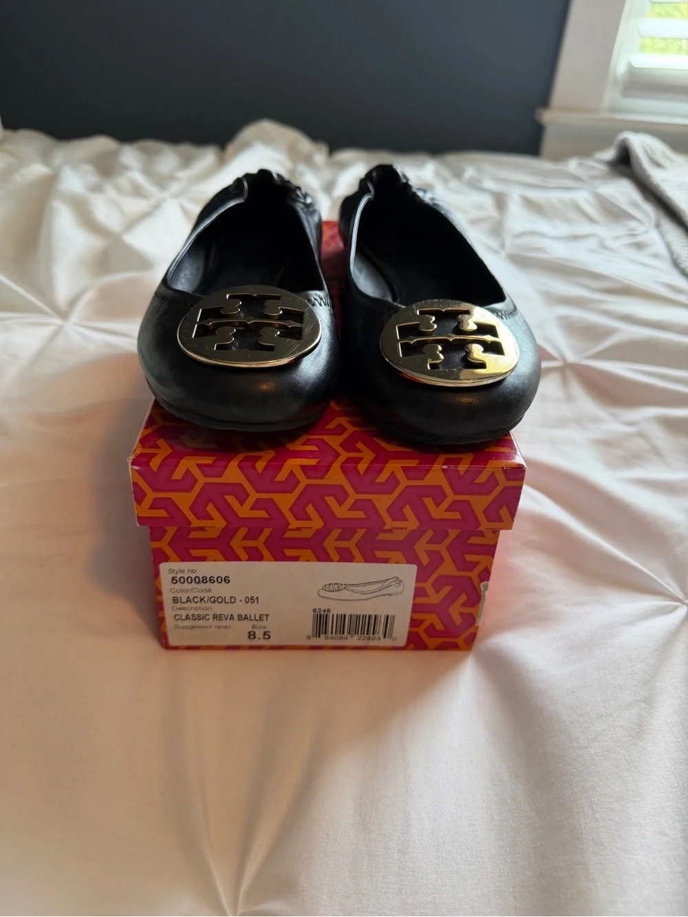 Tory Burch Black Leather Logo Ballet Flats with Gold Medallions